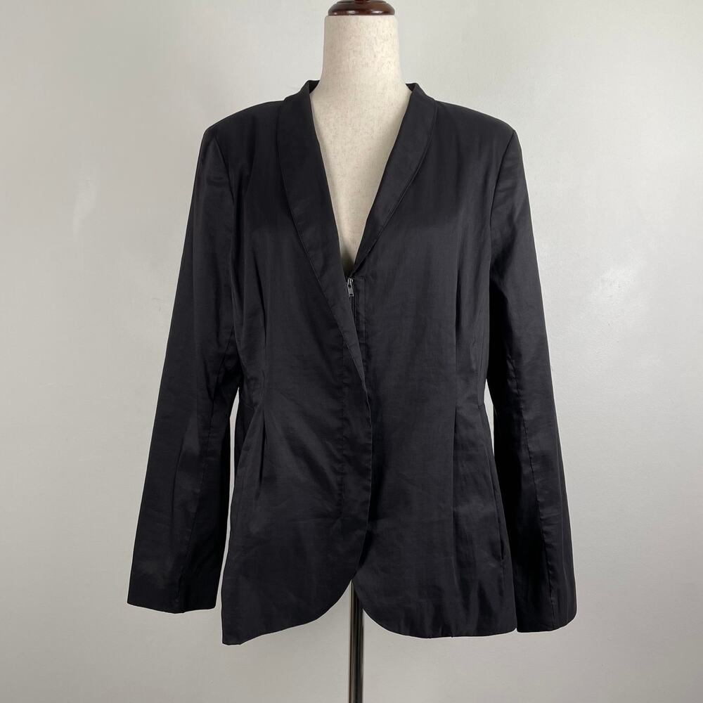Eileen Fisher Polished Ramie Silk Stretch Jacket Blazer Zip Front Fitted Black L